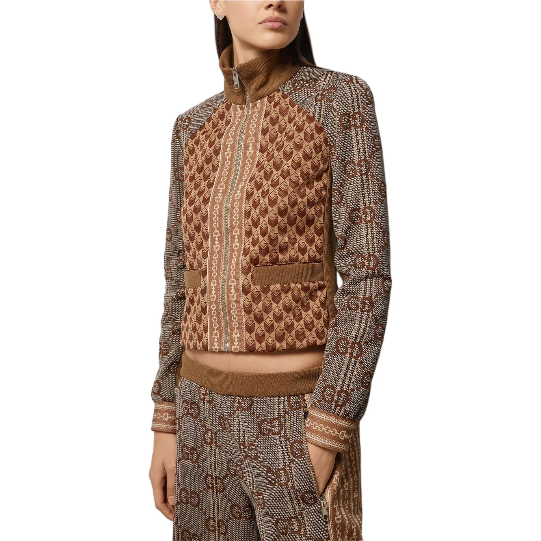 Purchase (Women) Gucci Brown Letter Zip-Up Casual Long-Sleeve Jacket 767025-XJF7V-2481