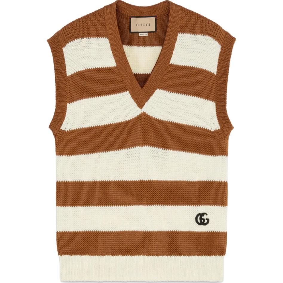 (Women) Gucci Brown Striped V-neck Loose Pullover Straight Vest FW22 699895-XKCG8-9184