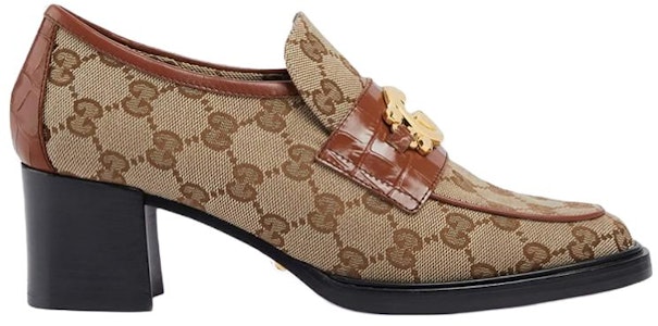 GUCCI古馳 帆布 互扣式雙G 圓頭 粗跟 高跟鞋 5.5cm 女款 棕色 Order GUCCI古馳 帆布 互扣式雙G 圓頭 粗跟 高跟鞋 5.5cm 女款 棕色