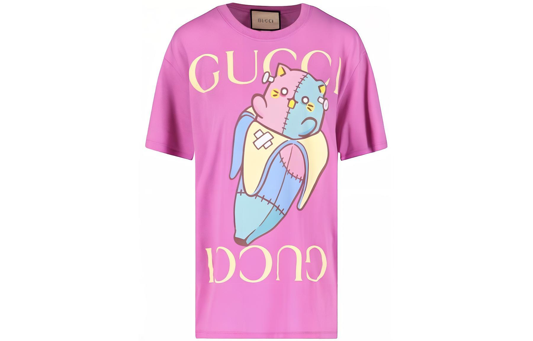 (Women) Gucci Cartoon Cat Rainbow Loose Fit Crewneck T-Shirt Pink () 615044-XJD8V-5839