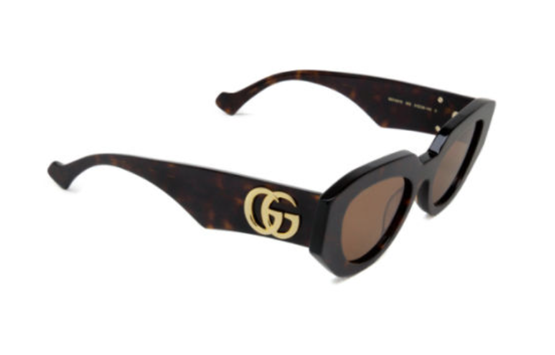 Shop (W) GUCCI猫眼玳瑁纹醋酸纤维女士太阳镜，带品牌标识镜腿。 25134120