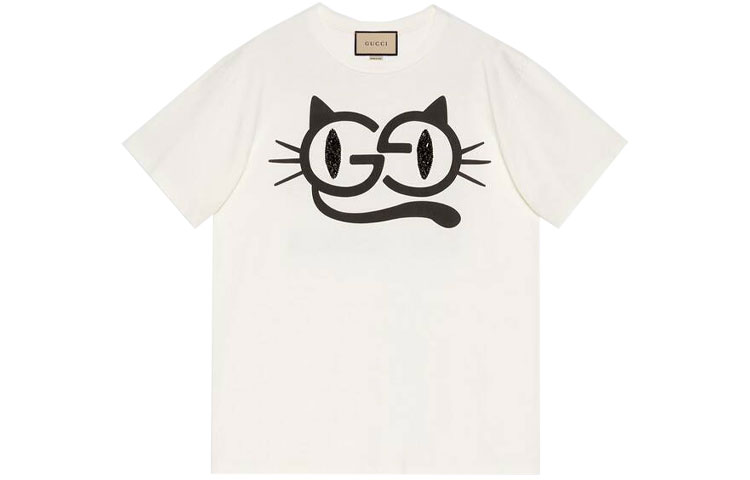 (Women) Gucci Cat Print Loose Knit Crewneck Tee in Off-White 615044-XJDGG-9127