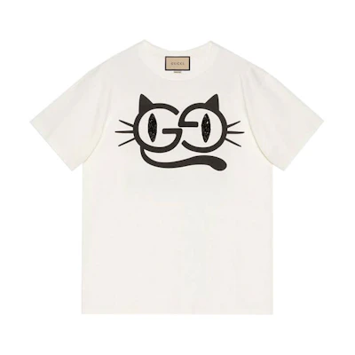(Women) Gucci Cat Print Loose Knit Crewneck Tee in Off-White 615044-XJDGG-9127