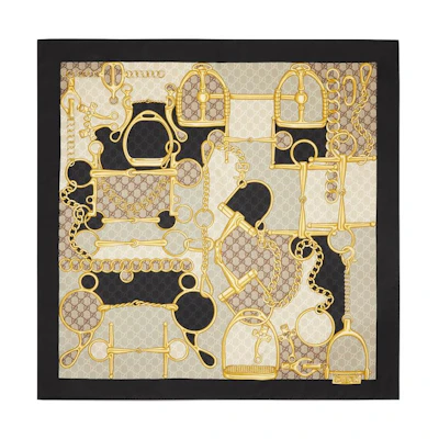 (Women) GUCCI Chain Print Silk Scarf Beige for Women 7646553G0011079