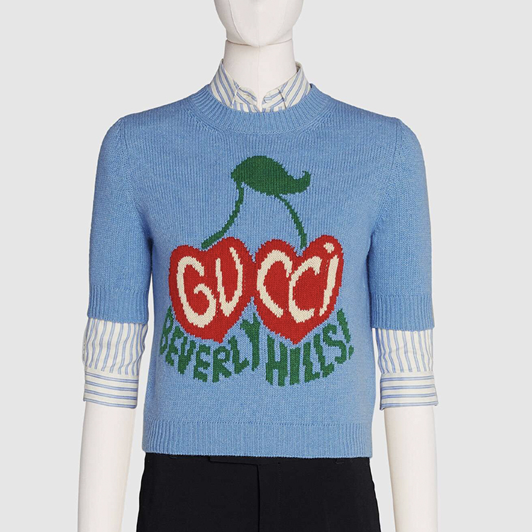 (Women) GUCCI Cherry Embroidered Short Wool Sweater Light Blue 631467-XKBHI-4318 圖 3