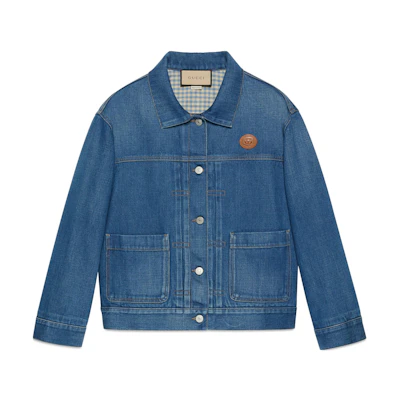 (Women) GUCCI Chinese New Year SS22 Blue Cotton Button Badge Denim Jacket Womens. 683731-XDBV7-4447