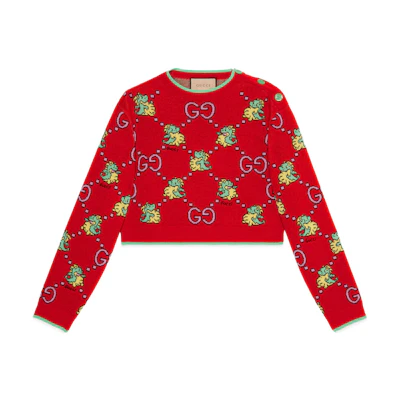 (Women) Gucci Chinese New Year SS24 GG Dinosaur Print Red Sweater 777204-XKDWY-6375