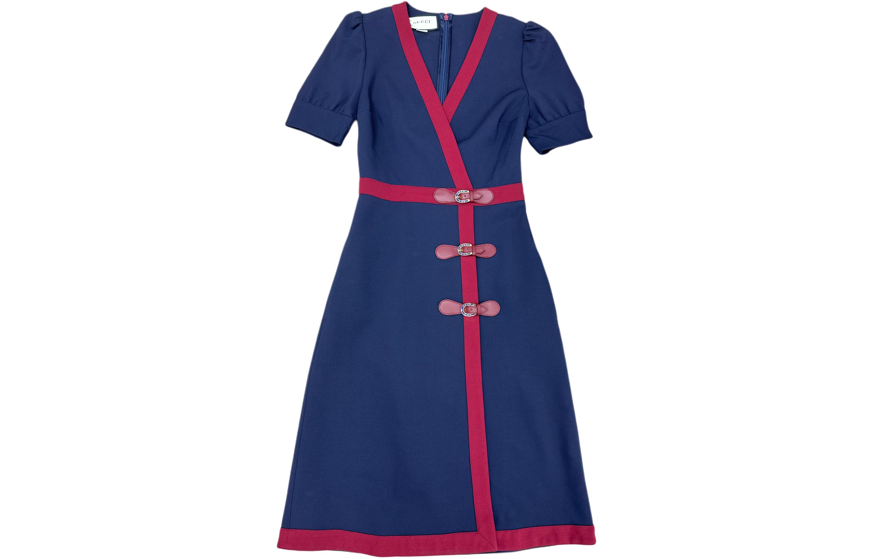 (Women) Gucci Colorblock Mid-Length V-Neck Zipper Back Dress Blue 598884-XJB8L-4175