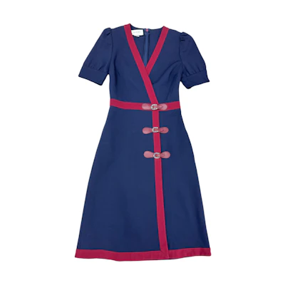 (Women) Gucci Colorblock Mid-Length V-Neck Zipper Back Dress Blue 598884-XJB8L-4175