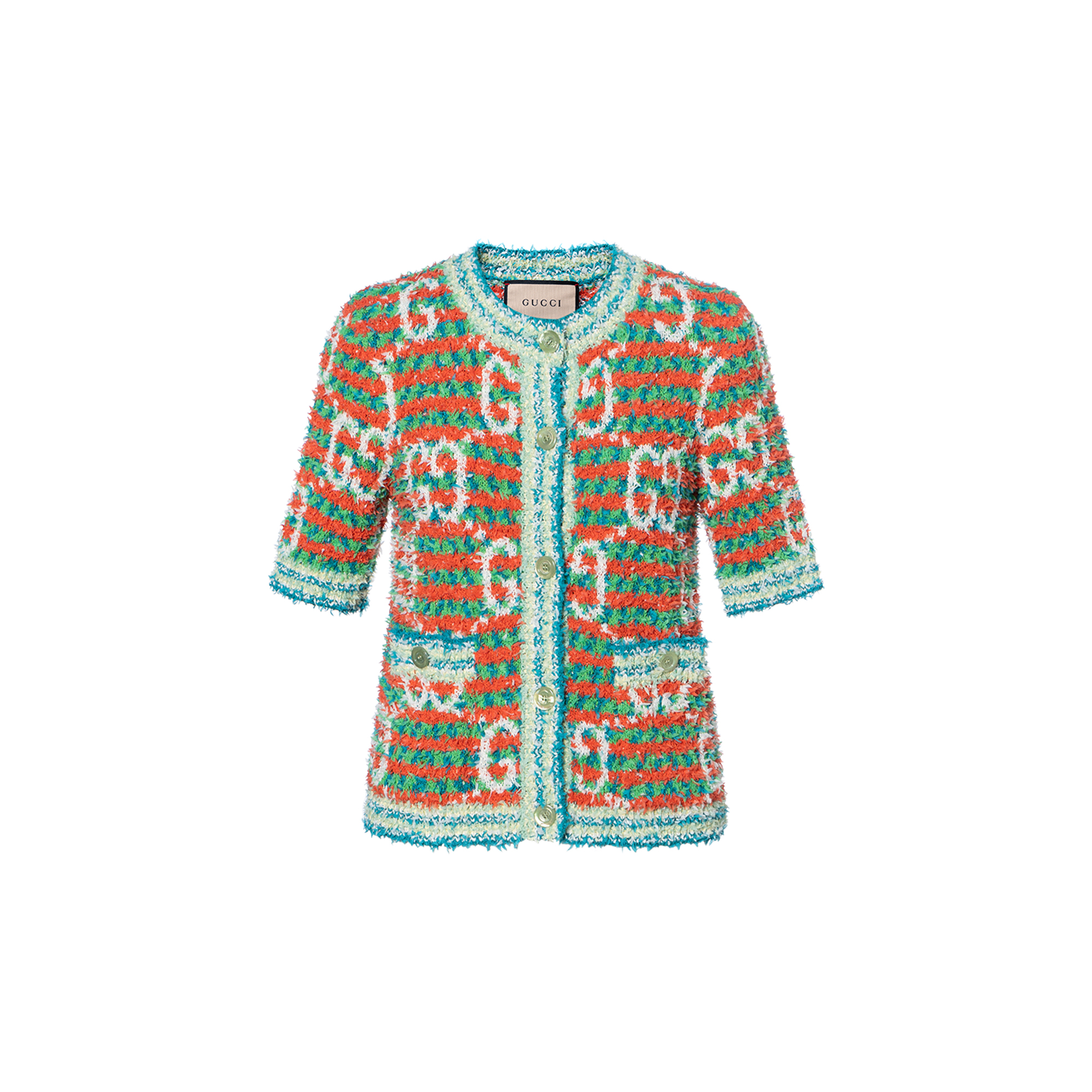 Order (W) GUCCI綠色女士對比字母Logo針織短袖上衣 691588-XKCAL-6208