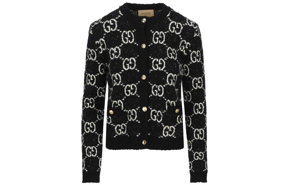(Women) GUCCI Cosmogonie SS23  Black Logo Jacquard Knit Cardigan. 731718-XKC1L-1289