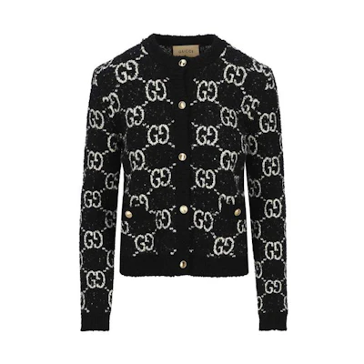 (Women) GUCCI Cosmogonie SS23 Black Logo Jacquard Knit Cardigan. 731718-XKC1L-1289