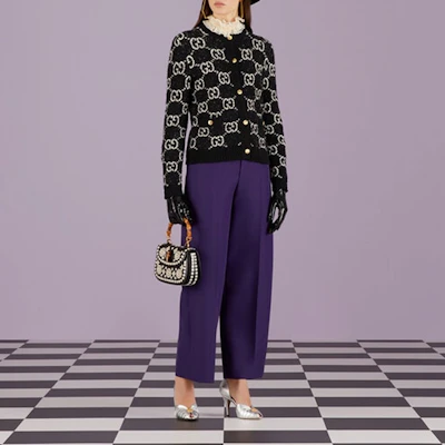 (W) GUCCI Cosmogonie SS23 黑色标志提花针织开衫. 731718-XKC1L-1289 Lookbook (W) GUCCI Cosmogonie SS23 黑色标志提花针织开衫. 731718-XKC1L-1289