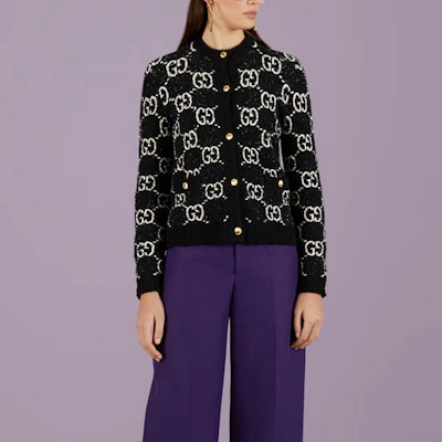 (W) GUCCI Cosmogonie SS23 黑色标志提花针织开衫. 731718-XKC1L-1289 Purchase (W) GUCCI Cosmogonie SS23 黑色标志提花针织开衫. 731718-XKC1L-1289