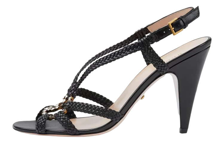 (W) Gucci Crystal Interlocking G Heeled Sandals Black Braided Leather