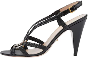 (Women) Gucci Crystal Interlocking G Heeled Sandals Black Braided Leather 739098-BKO00-1000 (Women) Gucci Crystal Interlocking G Heeled Sandals Black Braided Leather 739098-BKO00-1000