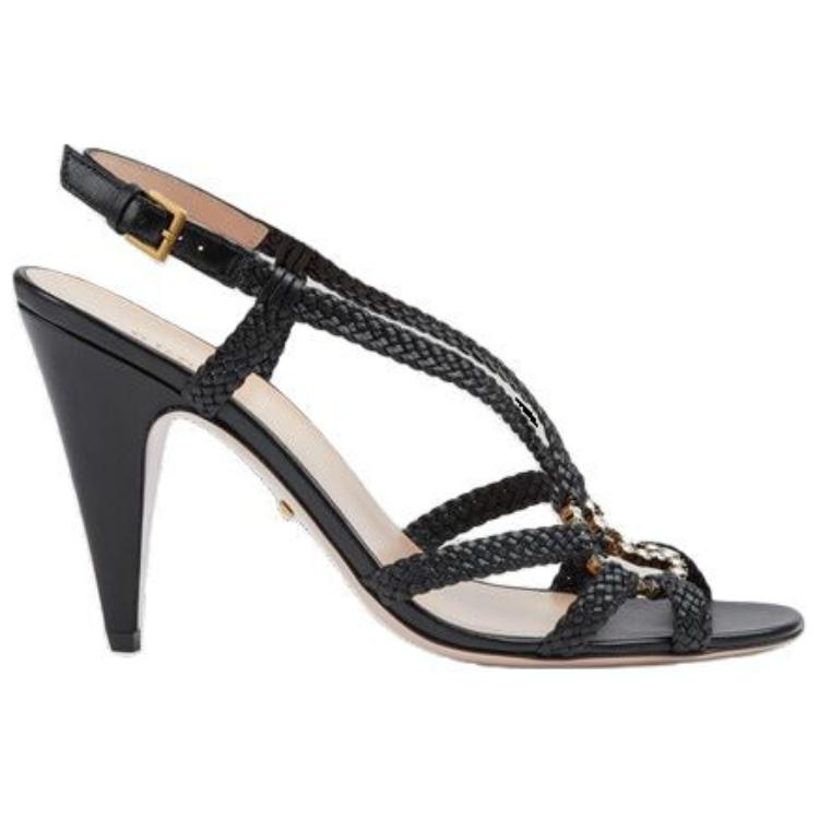 (W) Gucci Crystal Interlocking G Heeled Sandals Black Braided Leather 圖 2