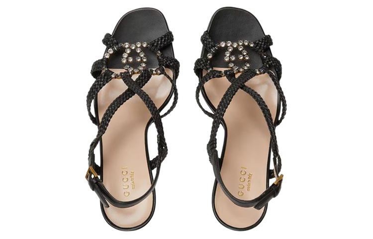 (W) Gucci Crystal Interlocking G Heeled Sandals Black Braided Leather 圖 4