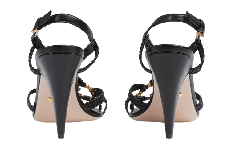 (W) Gucci Crystal Interlocking G Heeled Sandals Black Braided Leather 圖 5
