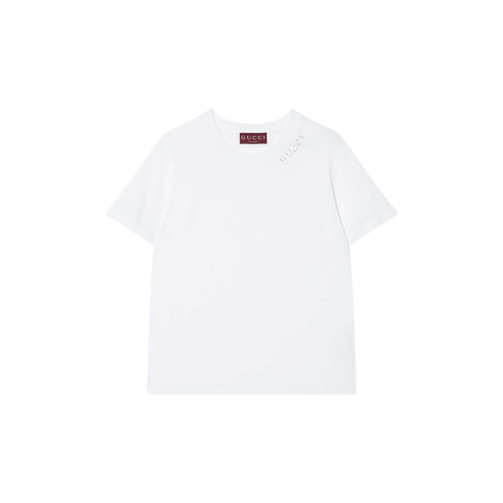 (Women) Gucci Crystal Logo Women’s White Short Sleeve T-Shirt 787299-XJGME-9692