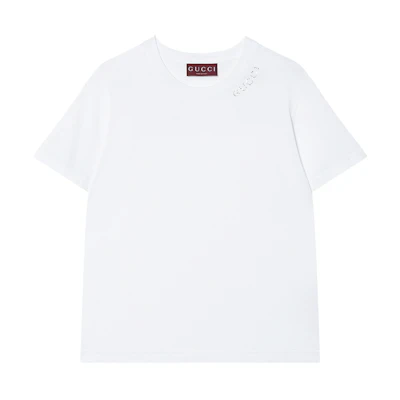 (Women) Gucci Crystal Logo Women’s White Short Sleeve T-Shirt 787299-XJGME-9692