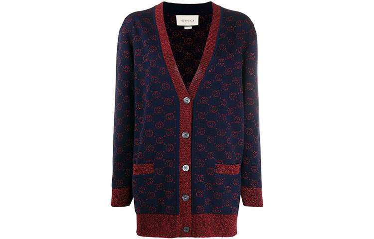 (Women) Gucci Deep Blue Monogram V-Neck Knit Sweater 605910-XKAHT-4668