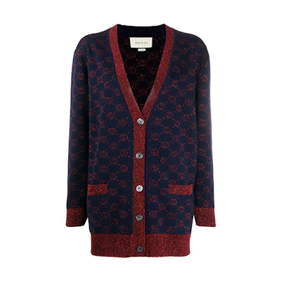(Women) Gucci Deep Blue Monogram V-Neck Knit Sweater 605910-XKAHT-4668