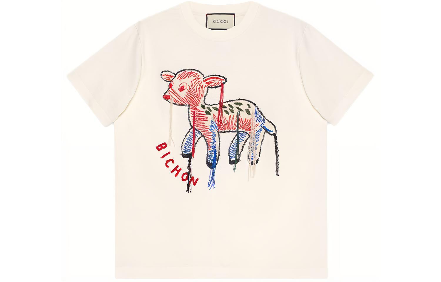 (Women) Gucci Deer Patch Embroidered Short Sleeve Tee Women Beige 580762-XJC0I-9095