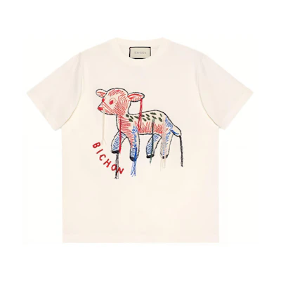 (Women) Gucci Deer Patch Embroidered Short Sleeve Tee Women Beige 580762-XJC0I-9095