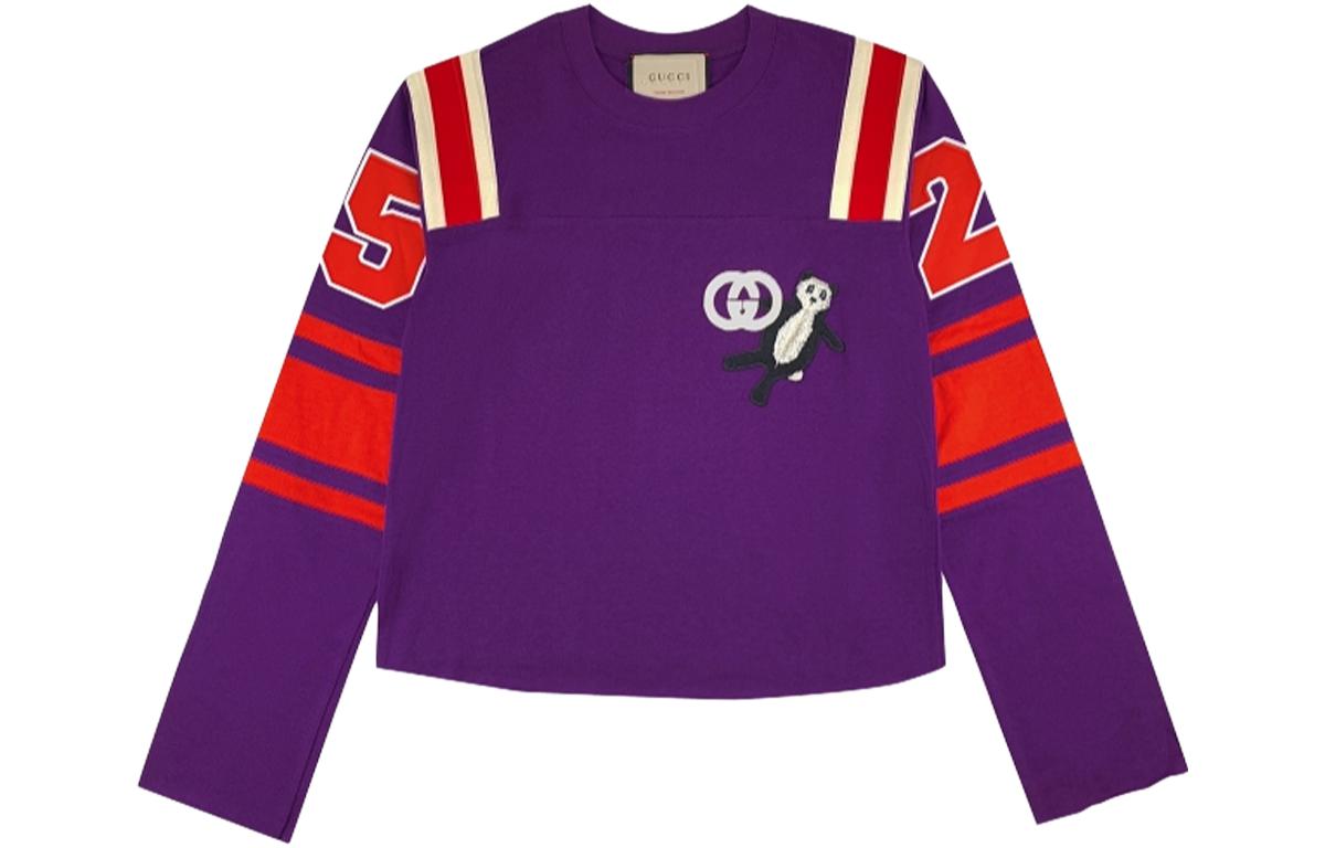 (Women) Gucci Digital Print Cropped Crewneck Long Sleeve Sweatshirt Women Purple 666223-XJDPG-5283