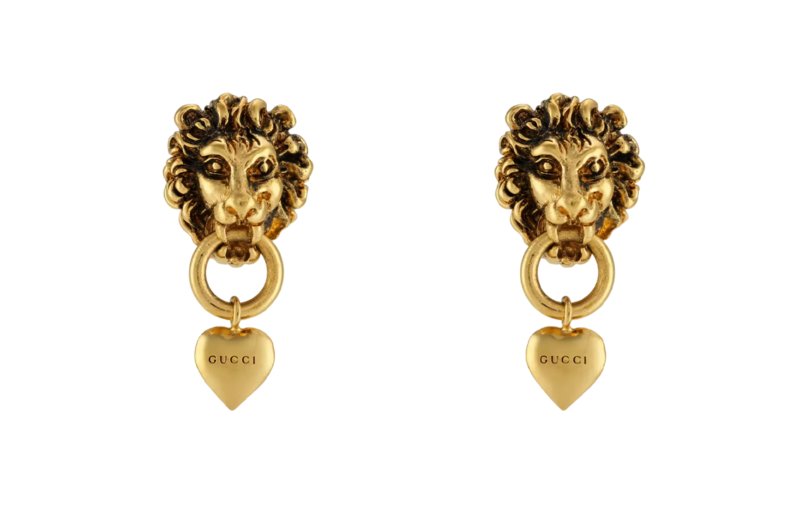 (Women) GUCCI Distressed Lion Head Heart Earrings Gold for Women. 645627-I4600-0933