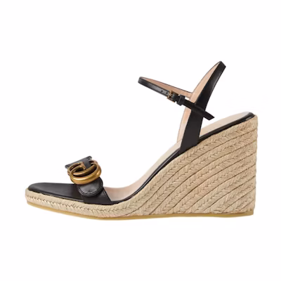 (W) Gucci Double G 95mm Platform Espadrille Black Leather