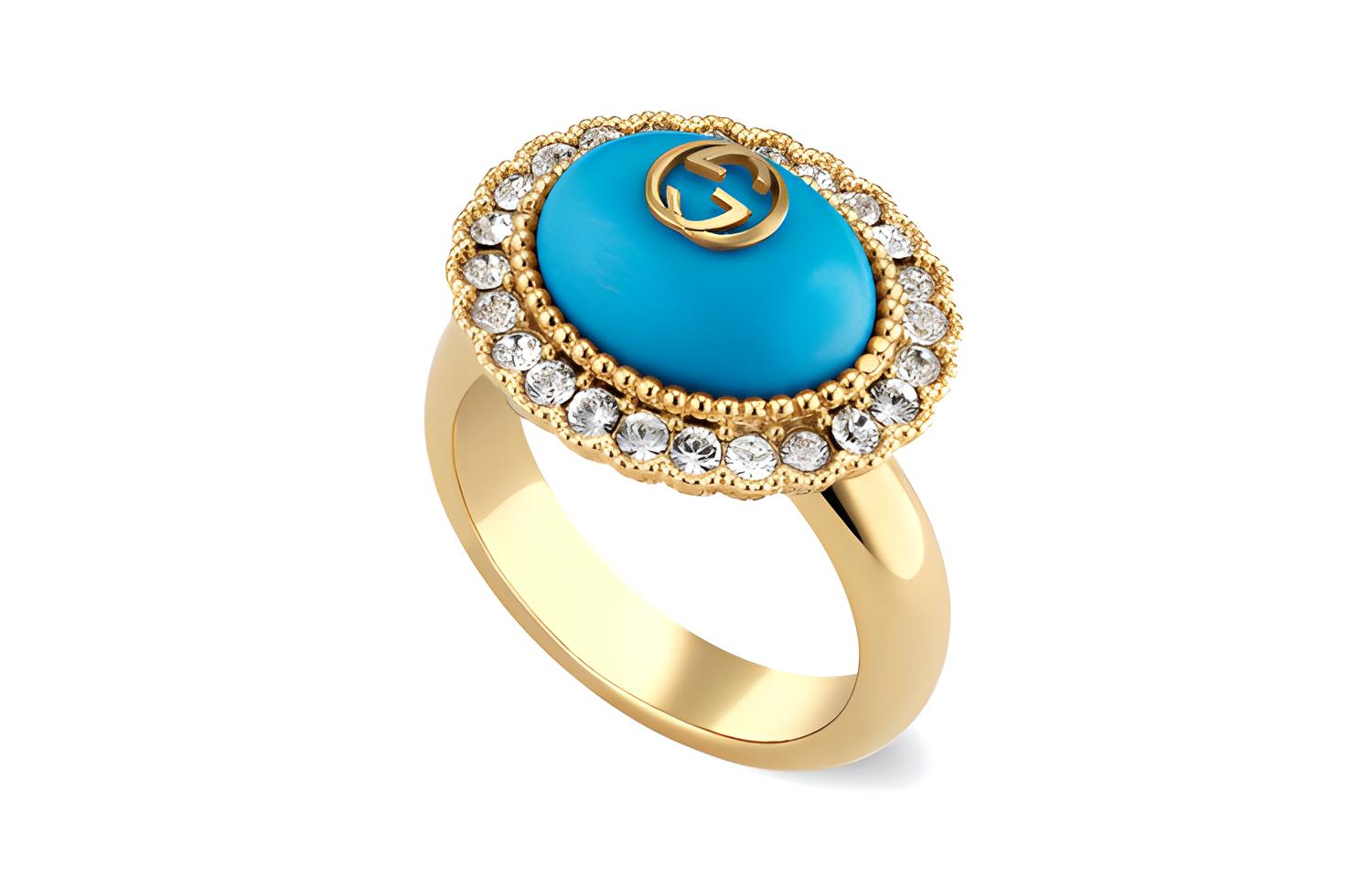 (Women) GUCCI Double G Crystal Metal Ring for Women - Blue Fashion Jewelry. 753903-I9875-8519