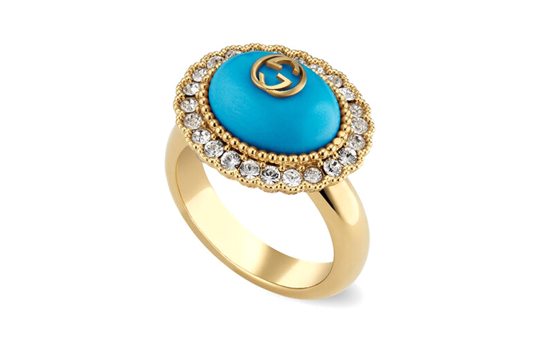 Order (W) GUCCI Cincin Logam Kristal Double G Wanita - Perhiasan Fashion Biru. 753903-I9875-8519
