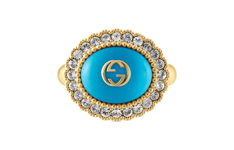 Lookbook (W) GUCCI Cincin Logam Kristal Double G Wanita - Perhiasan Fashion Biru. 753903-I9875-8519