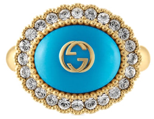 (W) GUCCI Cincin Logam Kristal Double G Wanita - Perhiasan Fashion Biru. 753903-I9875-8519 Lookbook (W) GUCCI Cincin Logam Kristal Double G Wanita - Perhiasan Fashion Biru. 753903-I9875-8519