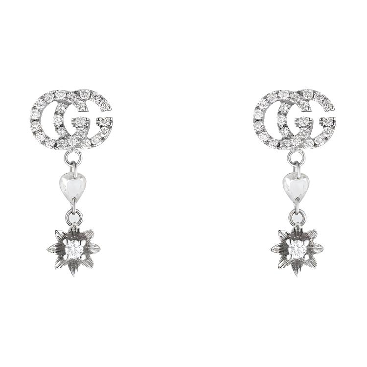 (Women) GUCCI Double G Earrings with Diamond Flowers in Silver Gold 581830-J8540-9066