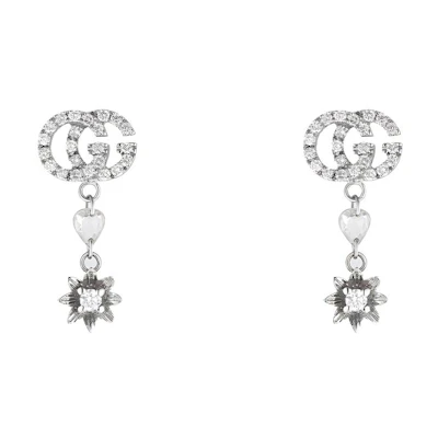 (Women) GUCCI Double G Earrings with Diamond Flowers in Silver Gold 581830-J8540-9066