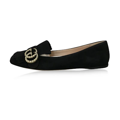 (W) Gucci Marmont Fringe Suede Ballet Flats 'Black'