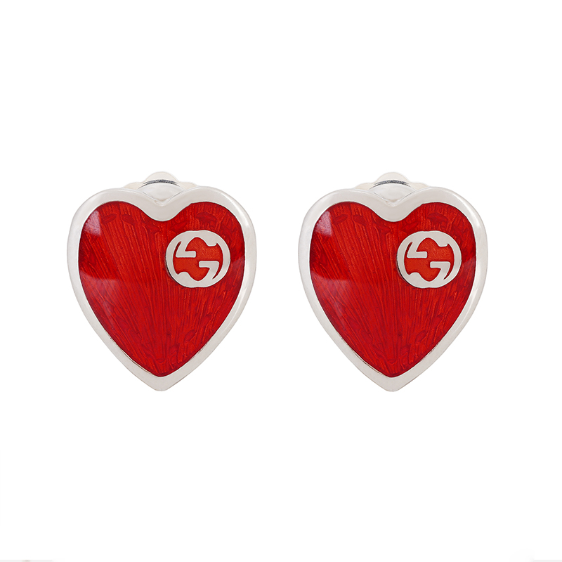 (Women) GUCCI Double G Heart Enamel 925 Silver Earrings for Women Red 645547-J8410-8166