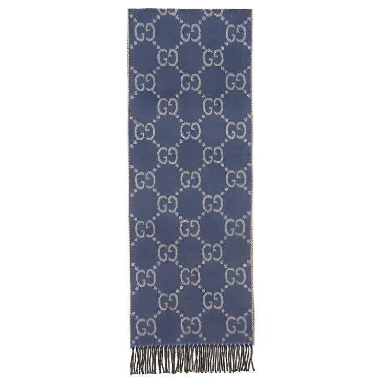 (Women) GUCCI Double G Jacquard Fringe 100% Wool Knit Scarf Blue . 676610-3G200-4165