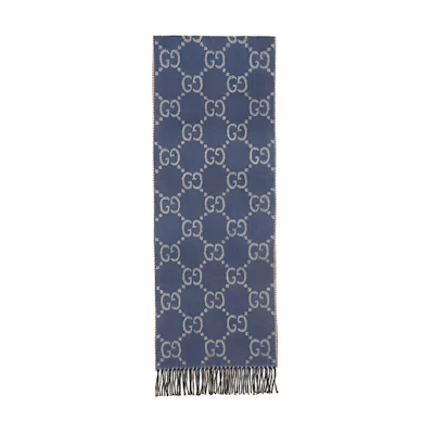 (Women) GUCCI Double G Jacquard Fringe 100% Wool Knit Scarf Blue . 676610-3G200-4165