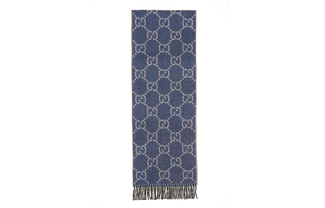 (Women) GUCCI Double G Jacquard Fringe 100% Wool Knit Scarf Blue . 676610-3G200-4165 圖 2