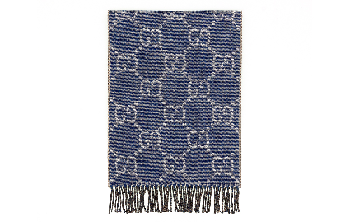(Women) GUCCI Double G Jacquard Fringe 100% Wool Knit Scarf Blue . 676610-3G200-4165 圖 3