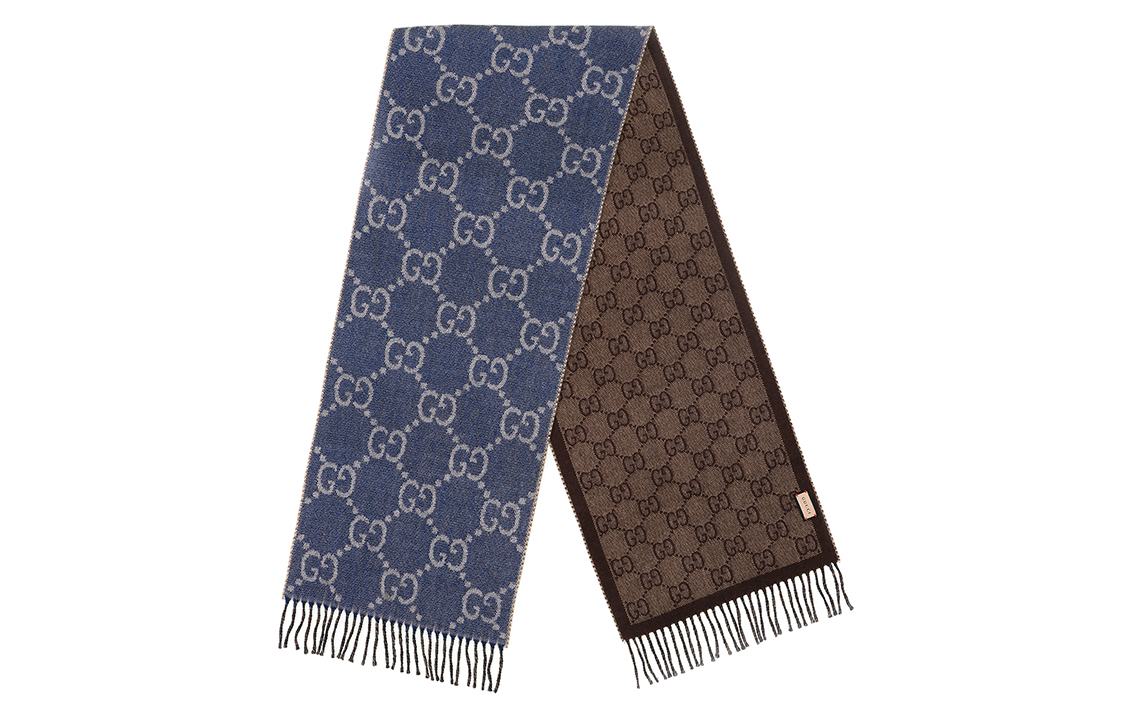 (Women) GUCCI Double G Jacquard Fringe 100% Wool Knit Scarf Blue . 676610-3G200-4165 圖 4