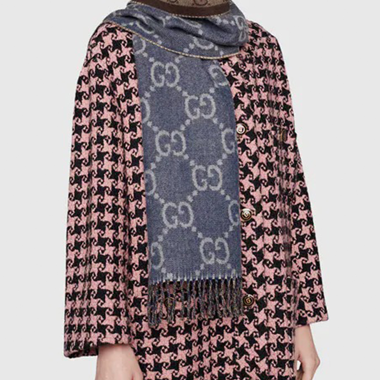 (Women) GUCCI Double G Jacquard Fringe 100% Wool Knit Scarf Blue . 676610-3G200-4165 圖 5