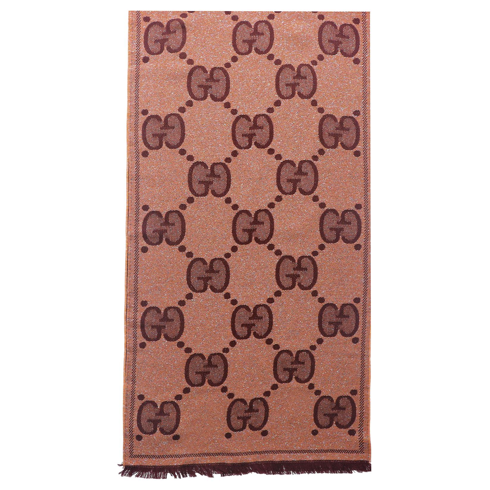 (Women) GUCCI Double G Jacquard Wool Knit Scarf Women Beige Red 598993-3GC15-7973