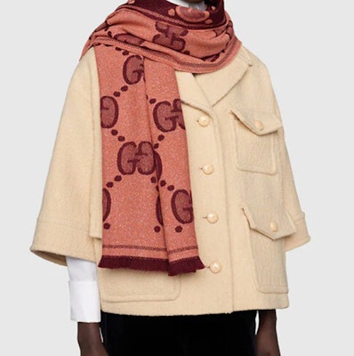 (W) GUCCI Syal Rajut Wol Double G Jacquard Wanita Beige Merah 598993-3GC15-7973 Purchase (W) GUCCI Syal Rajut Wol Double G Jacquard Wanita Beige Merah 598993-3GC15-7973