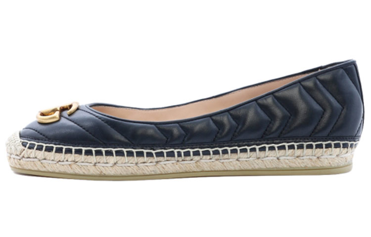 (Women) Gucci Double g Leather Breathable Wear-Resistant Straw Woven Flat Shoes Black 602505-BKO00-1000