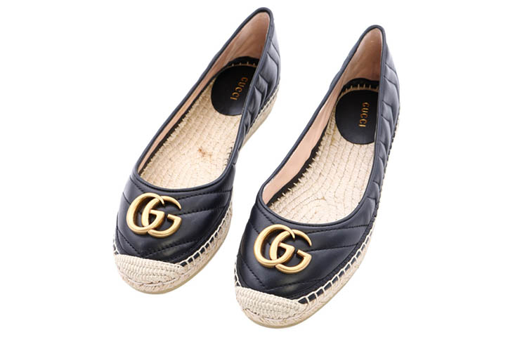Order (W) [女性用] グッチ GG レザー通気性ストローウーブンフラットシューズ ブラック 602505-BKO00-1000 602505-BKO00-1000